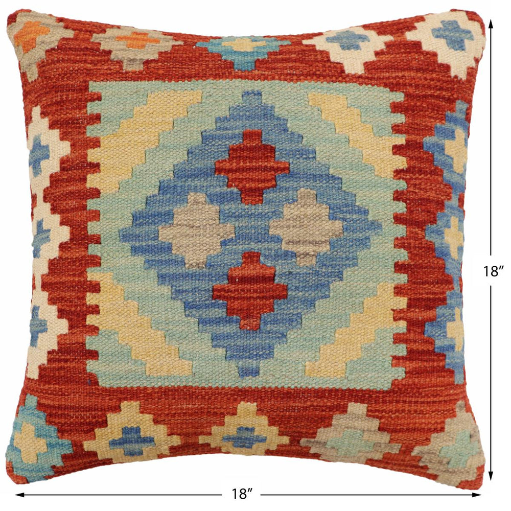 handmade Traditional Pillow Rust Blue Hand-Woven SQUARE 100% WOOL Hand woven turkish pillow2' x 2'