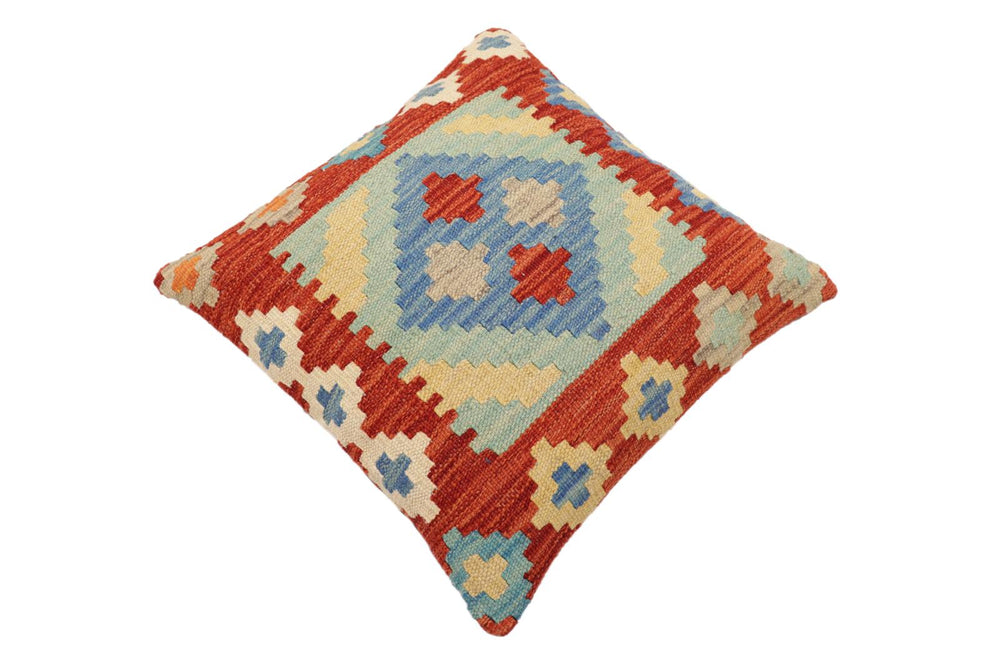 handmade Traditional Pillow Rust Blue Hand-Woven SQUARE 100% WOOL Hand woven turkish pillow2' x 2'