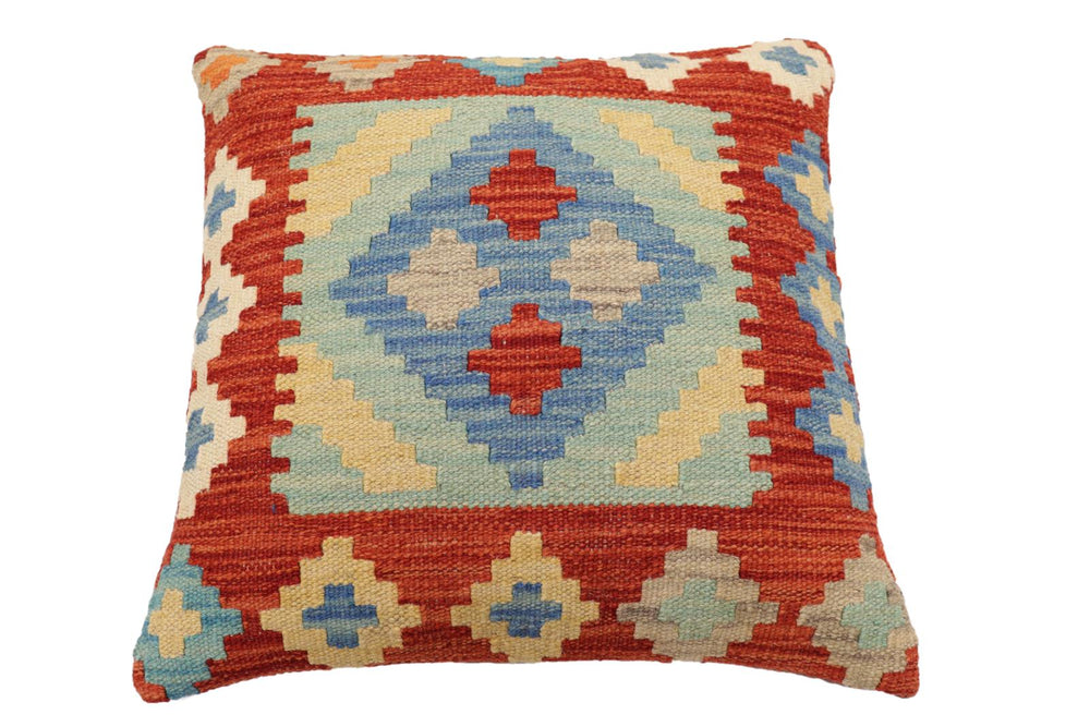 handmade Traditional Pillow Rust Blue Hand-Woven SQUARE 100% WOOL Hand woven turkish pillow2' x 2'