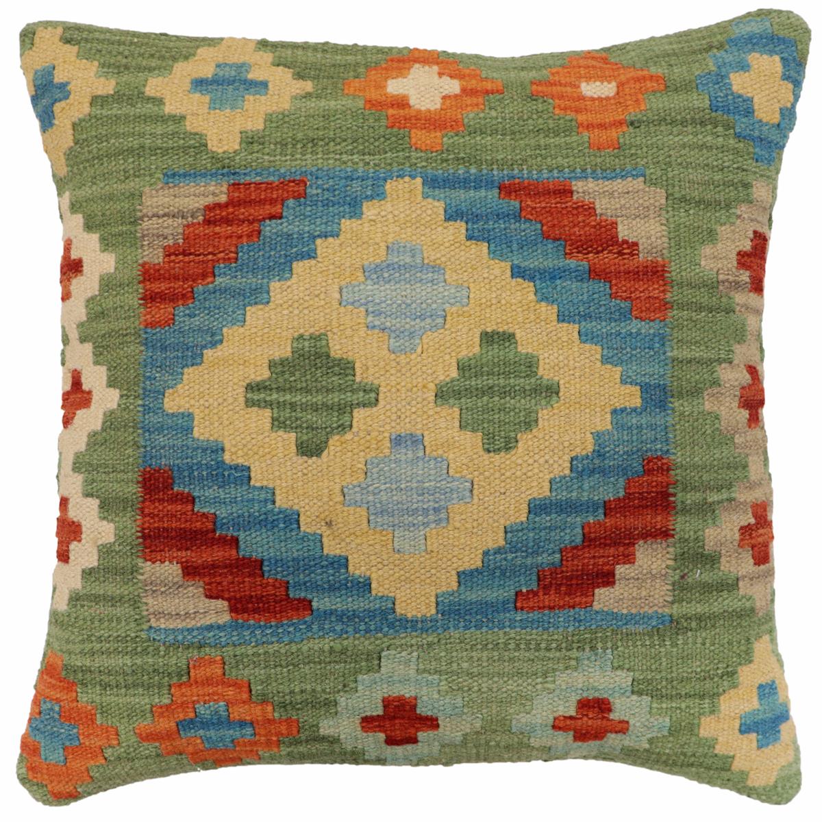 handmade Traditional Pillow Green Rust Hand-Woven SQUARE 100% WOOL Hand woven turkish pillow2' x 2'