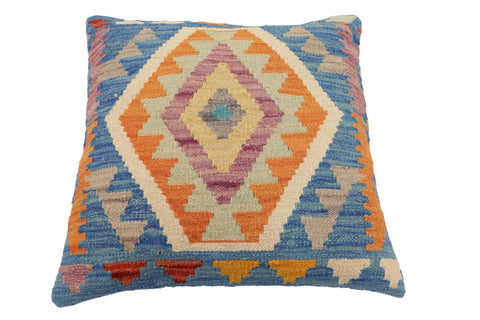 handmade Traditional Pillow Blue Orange Hand-Woven SQUARE 100% WOOL Hand woven turkish pillow2 x 2