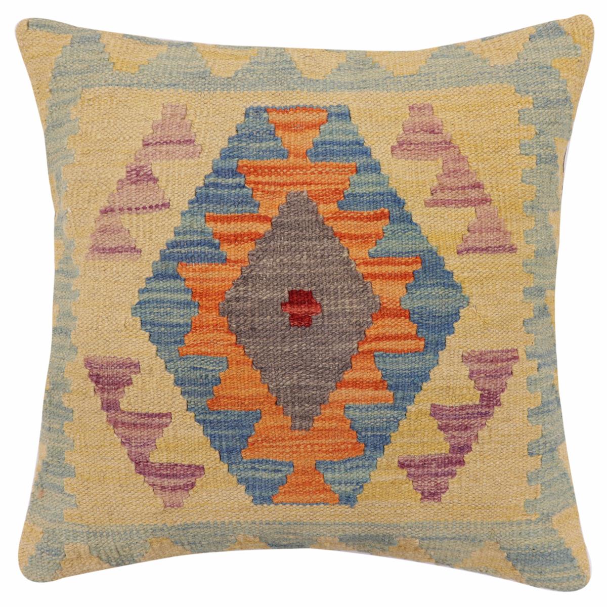 handmade Traditional Pillow Blue Orange Hand-Woven SQUARE 100% WOOL Hand woven turkish pillow2 x 2