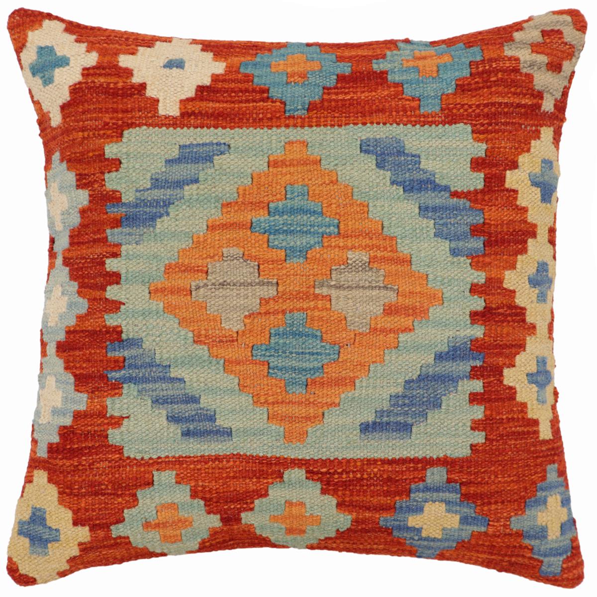 handmade Traditional Pillow Rust Blue Hand-Woven SQUARE 100% WOOL Hand woven turkish pillow2 x 2