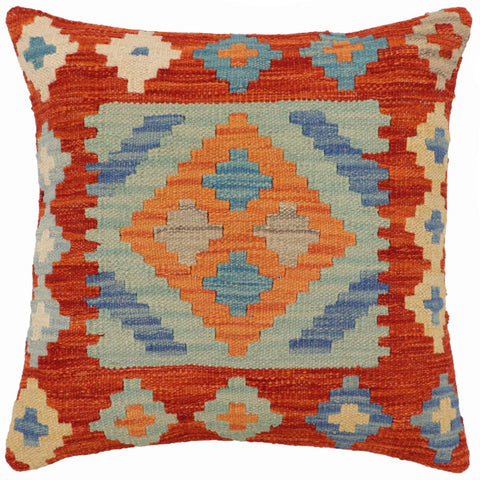 handmade Traditional Pillow Rust Blue Hand-Woven SQUARE 100% WOOL Hand woven turkish pillow2 x 2