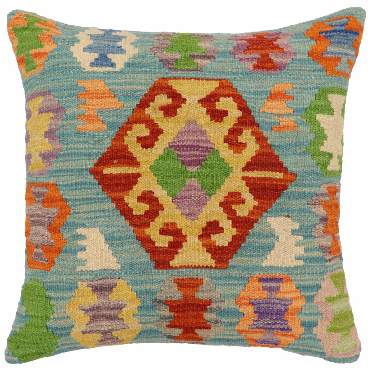handmade Traditional Pillow Blue Rust Hand-Woven SQUARE 100% WOOL Hand woven turkish pillow2 x 2