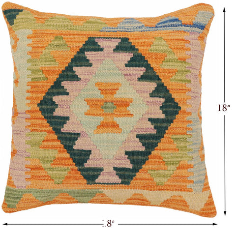 handmade Traditional Pillow Orange Blue Hand-Woven SQUARE 100% WOOL Hand woven turkish pillow2' x 2'