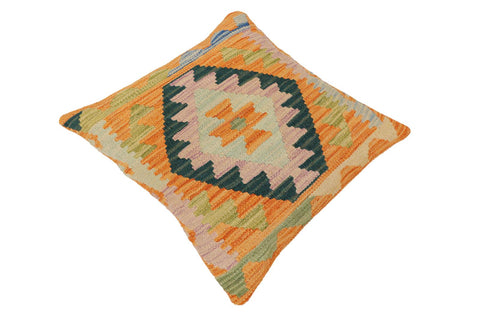 handmade Traditional Pillow Orange Blue Hand-Woven SQUARE 100% WOOL Hand woven turkish pillow2' x 2'