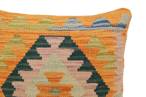 handmade Traditional Pillow Orange Blue Hand-Woven SQUARE 100% WOOL Hand woven turkish pillow2' x 2'
