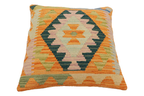 handmade Traditional Pillow Orange Blue Hand-Woven SQUARE 100% WOOL Hand woven turkish pillow2' x 2'