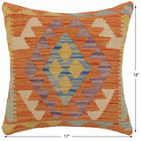 handmade Traditional Pillow Orange Blue Hand-Woven SQUARE 100% WOOL  Hand woven turkish pillow  2 x 2