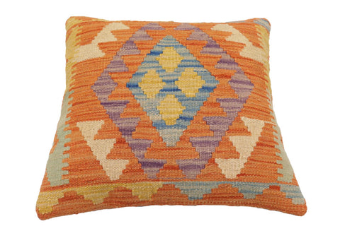 handmade Traditional Pillow Orange Blue Hand-Woven SQUARE 100% WOOL  Hand woven turkish pillow  2 x 2