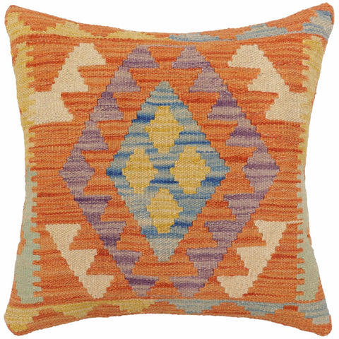 handmade Traditional Pillow Orange Blue Hand-Woven SQUARE 100% WOOL  Hand woven turkish pillow  2 x 2