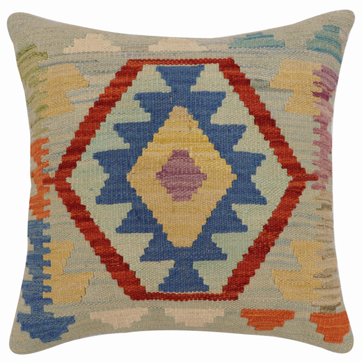handmade Traditional Pillow Blue Rust Hand-Woven SQUARE 100% WOOL Hand woven turkish pillow2 x 2