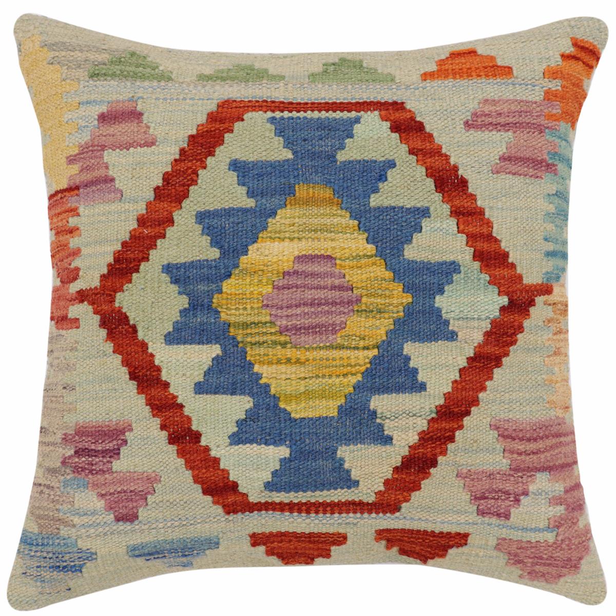 handmade Traditional Pillow Blue Rust Hand-Woven SQUARE 100% WOOL Hand woven turkish pillow2 x 2
