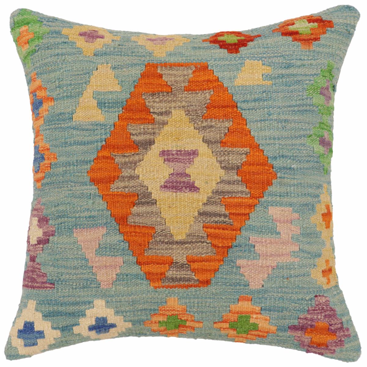 handmade Traditional Pillow Blue Rust Hand-Woven SQUARE 100% WOOL Hand woven turkish pillow2 x 2