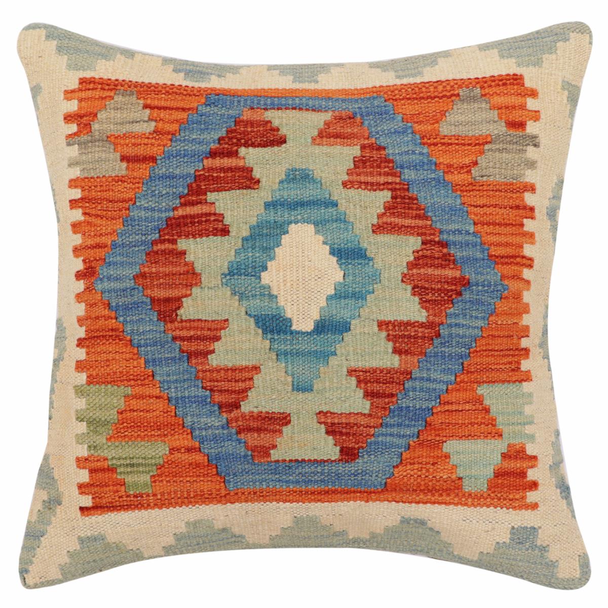 handmade Traditional Pillow Rust Blue Hand-Woven SQUARE 100% WOOL Hand woven turkish pillow2 x 2
