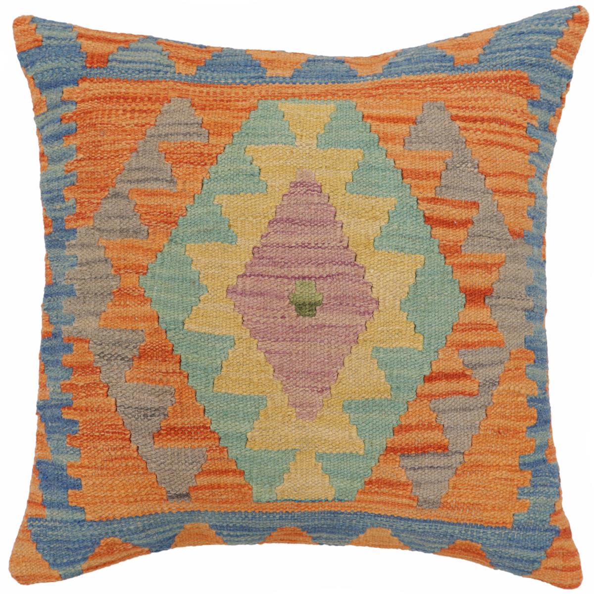 handmade Traditional Pillow Blue Orange Hand-Woven SQUARE 100% WOOL Hand woven turkish pillow2' x 2'