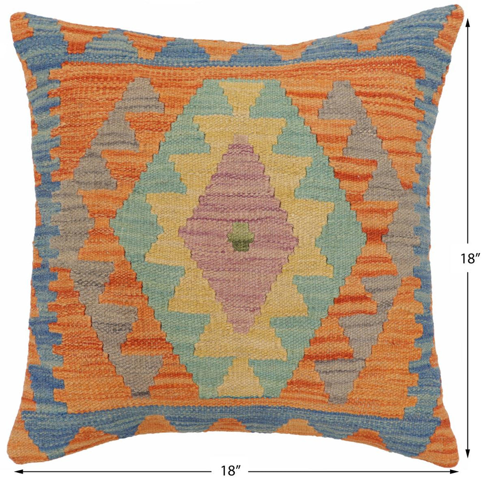 handmade Traditional Pillow Blue Orange Hand-Woven SQUARE 100% WOOL Hand woven turkish pillow2' x 2'