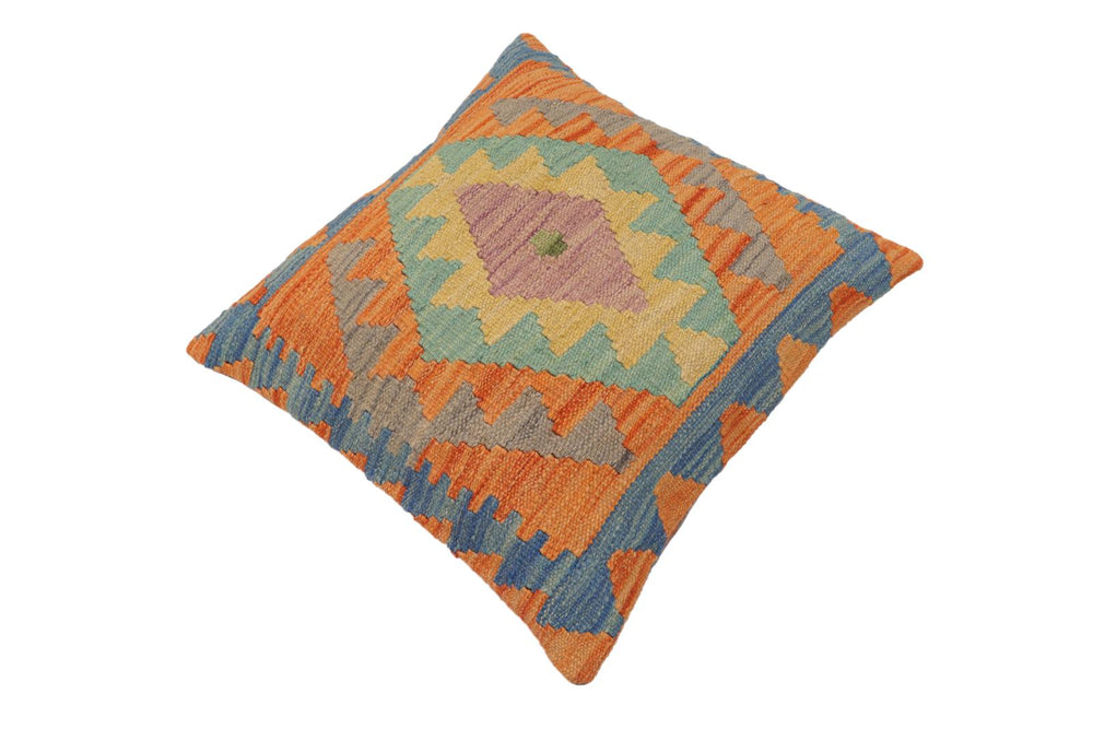 handmade Traditional Pillow Blue Orange Hand-Woven SQUARE 100% WOOL Hand woven turkish pillow2' x 2'