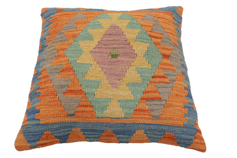 handmade Traditional Pillow Blue Orange Hand-Woven SQUARE 100% WOOL Hand woven turkish pillow2 x 2