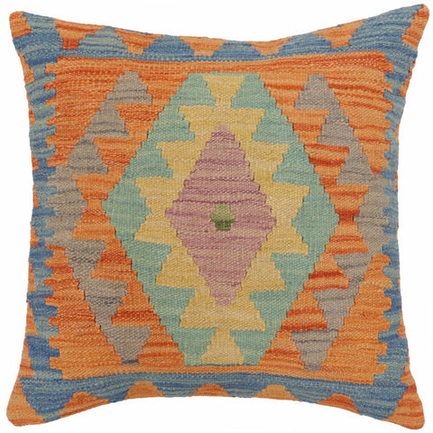 handmade Traditional Pillow Blue Orange Hand-Woven SQUARE 100% WOOL Hand woven turkish pillow2 x 2