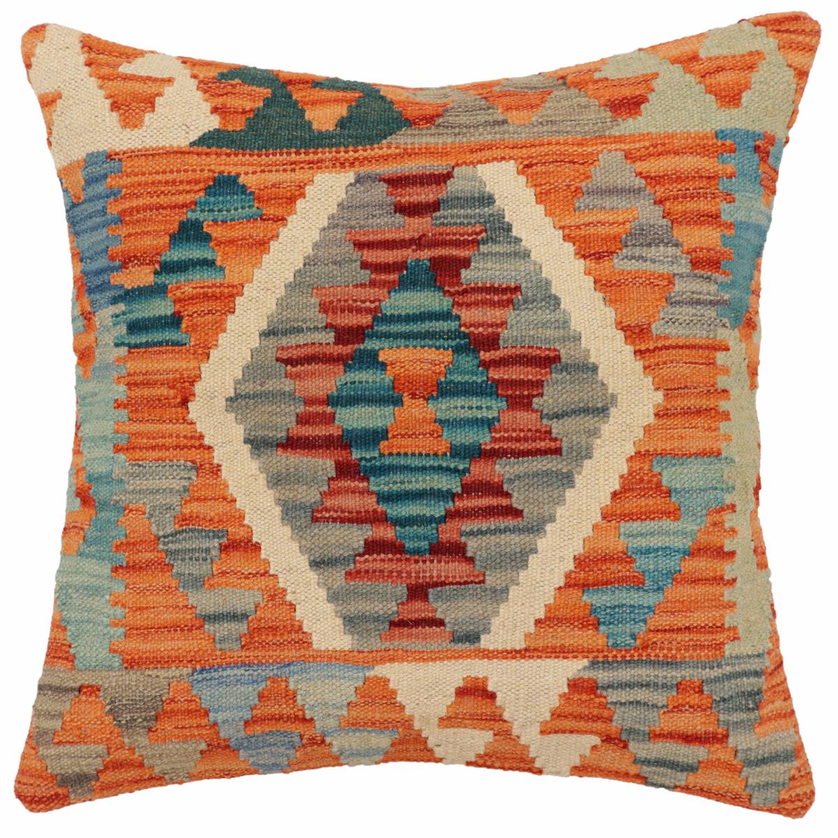 handmade Traditional Pillow Rust Blue Hand-Woven SQUARE 100% WOOL Hand woven turkish pillow2 x 2