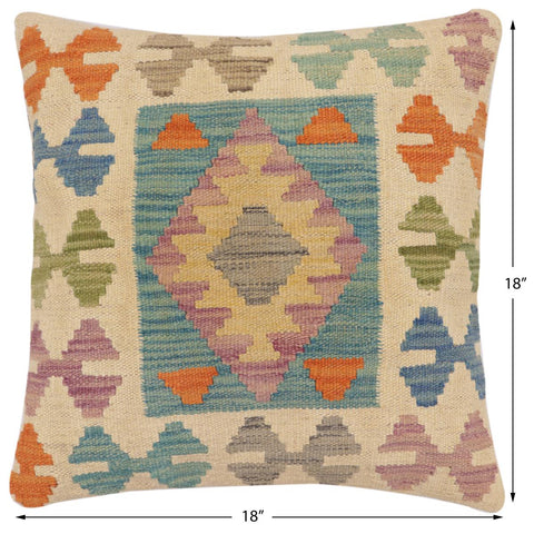 handmade Traditional Pillow Beige Blue Hand-Woven SQUARE 100% WOOL Hand woven turkish pillow2 x 2