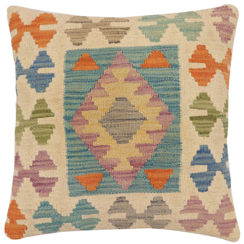 handmade Traditional Pillow Beige Blue Hand-Woven SQUARE 100% WOOL Hand woven turkish pillow2 x 2