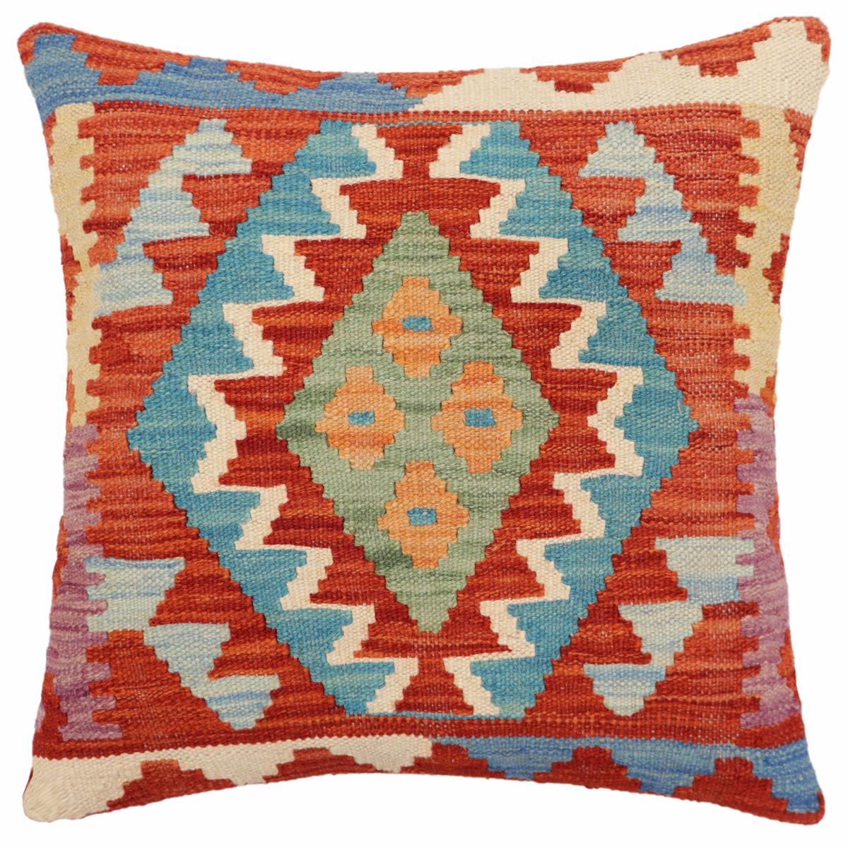 handmade Traditional Pillow Rust Blue Hand-Woven SQUARE 100% WOOL Hand woven turkish pillow2' x 2'