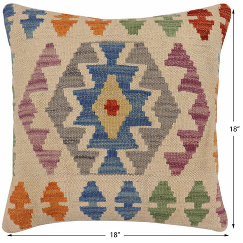 handmade Traditional Pillow Beige Blue Hand-Woven SQUARE 100% WOOL Hand woven turkish pillow2 x 2