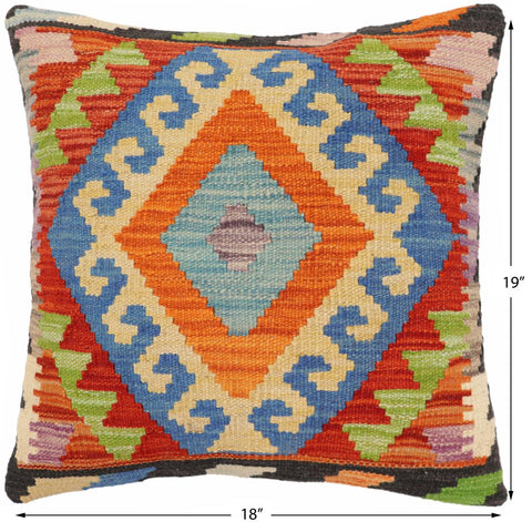 handmade Traditional Pillow Rust Blue Hand-Woven SQUARE 100% WOOL  Hand woven turkish pillow  2 x 2