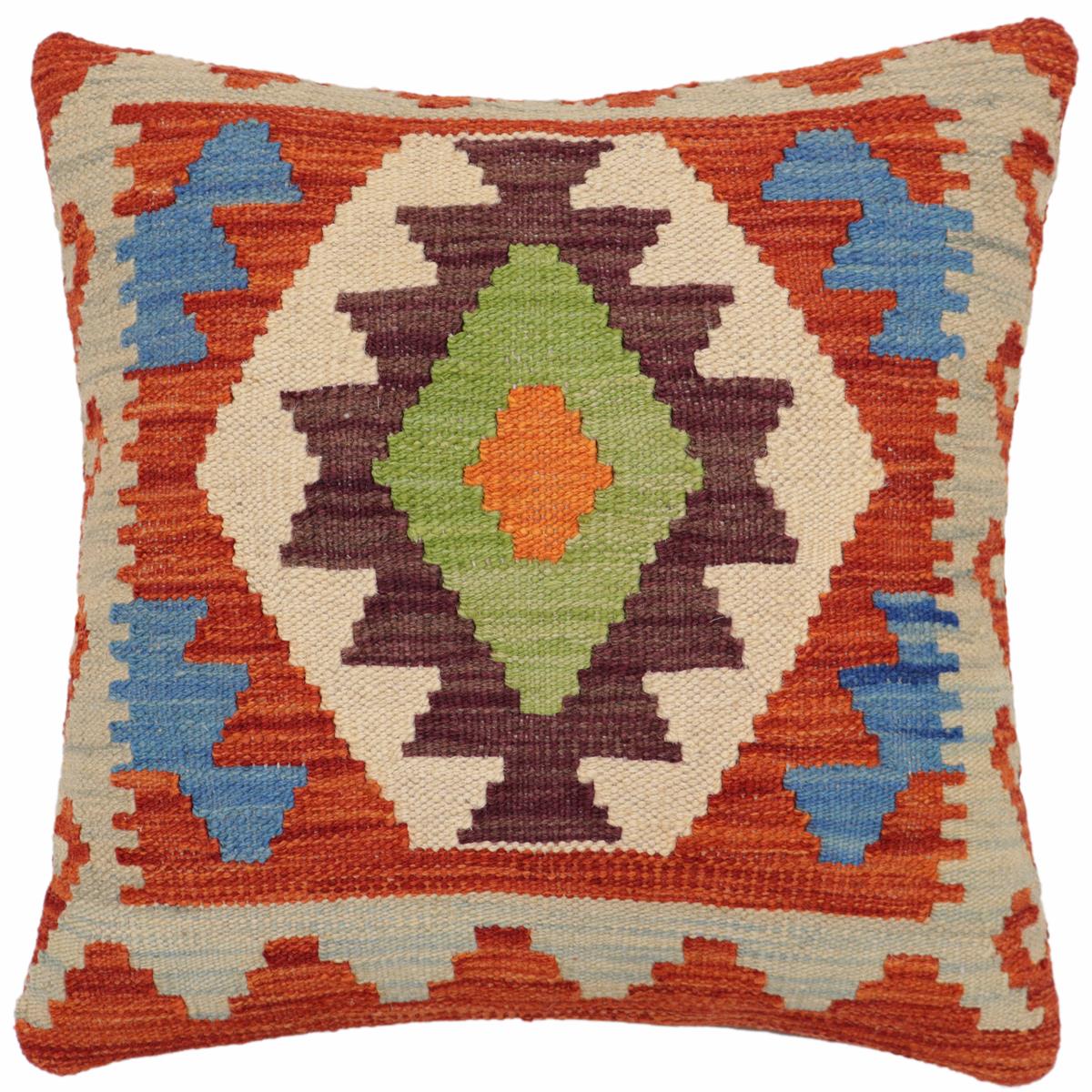 handmade Traditional Pillow Rust Blue Hand-Woven SQUARE 100% WOOL Hand woven turkish pillow2' x 2'