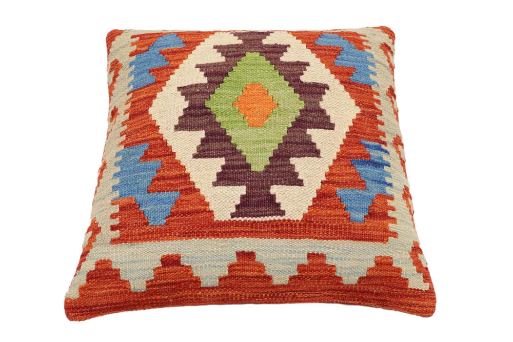 handmade Traditional Pillow Rust Blue Hand-Woven SQUARE 100% WOOL Hand woven turkish pillow2' x 2'