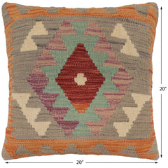 handmade Traditional Pillow Gray Orange Hand-Woven SQUARE 100% WOOL  Hand woven turkish pillow  PILLOW