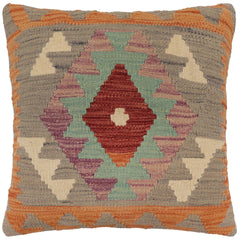 handmade Traditional Pillow Gray Orange Hand-Woven SQUARE 100% WOOL  Hand woven turkish pillow  PILLOW