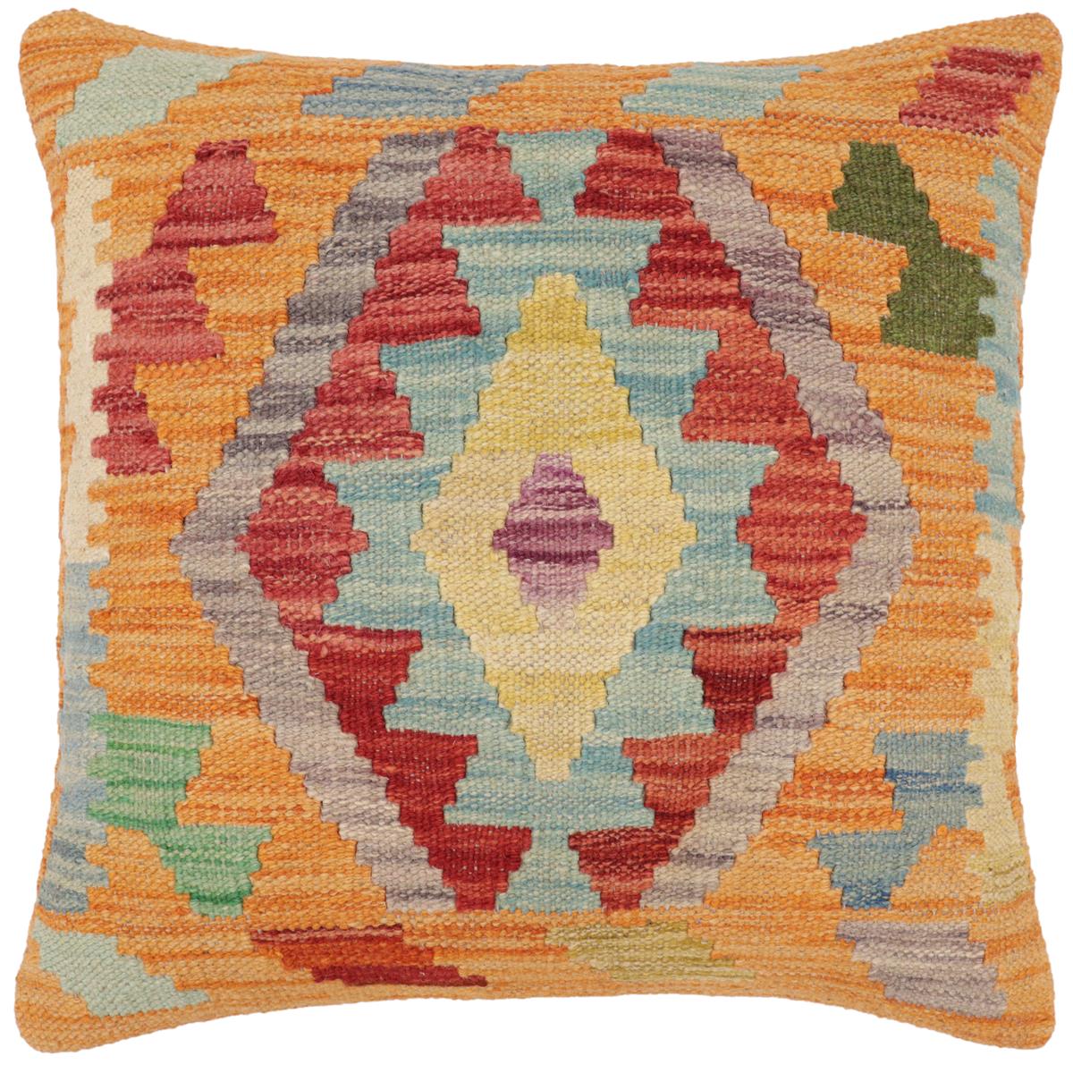 handmade Traditional Pillow Orange Red Hand-Woven SQUARE 100% WOOL  Hand woven turkish pillow  2 x 2