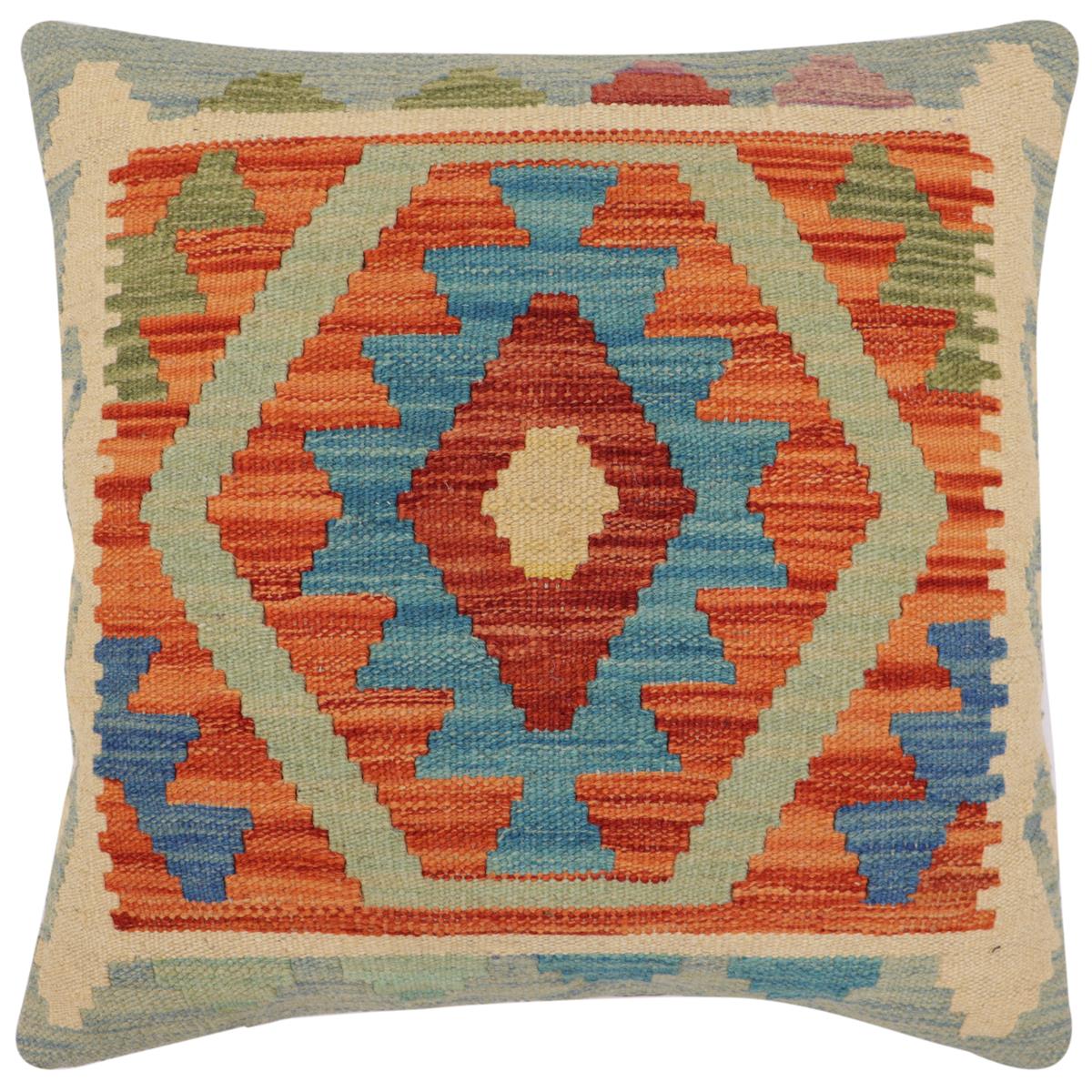 handmade Traditional Pillow Rust Blue Hand-Woven SQUARE 100% WOOL  Hand woven turkish pillow  PILLOW