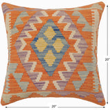 handmade Traditional Pillow Orange Blue Hand-Woven SQUARE 100% WOOL  Hand woven turkish pillow  PILLOW