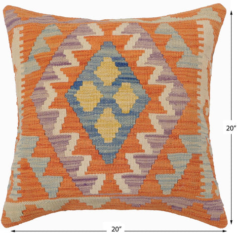handmade Traditional Pillow Orange Blue Hand-Woven SQUARE 100% WOOL  Hand woven turkish pillow  PILLOW