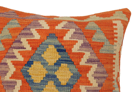 handmade Traditional Pillow Orange Blue Hand-Woven SQUARE 100% WOOL  Hand woven turkish pillow  PILLOW