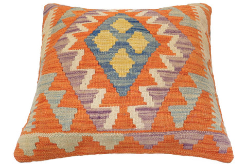 handmade Traditional Pillow Orange Blue Hand-Woven SQUARE 100% WOOL  Hand woven turkish pillow  PILLOW