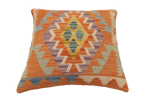 handmade Traditional Pillow Orange Blue Hand-Woven SQUARE 100% WOOL  Hand woven turkish pillow  PILLOW