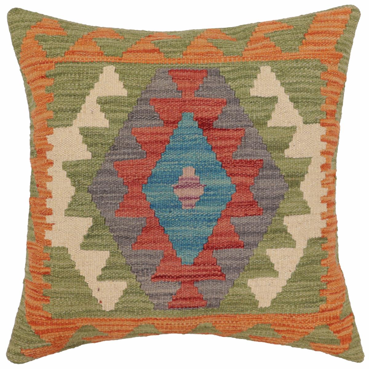 handmade Traditional Pillow Orange Blue Hand-Woven SQUARE 100% WOOL  Hand woven turkish pillow  PILLOW
