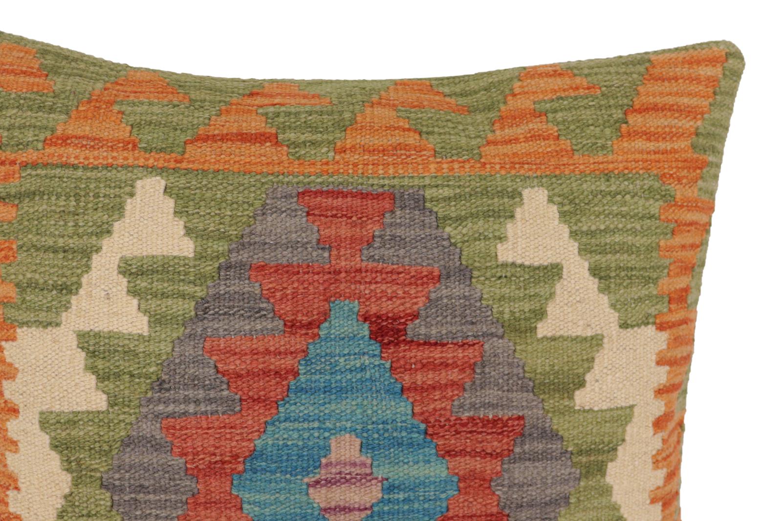 handmade Traditional Pillow Orange Blue Hand-Woven SQUARE 100% WOOL  Hand woven turkish pillow  PILLOW