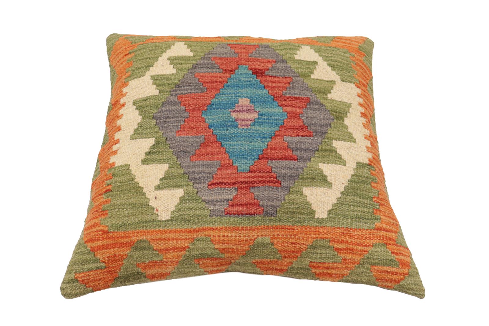 handmade Traditional Pillow Orange Blue Hand-Woven SQUARE 100% WOOL  Hand woven turkish pillow  PILLOW