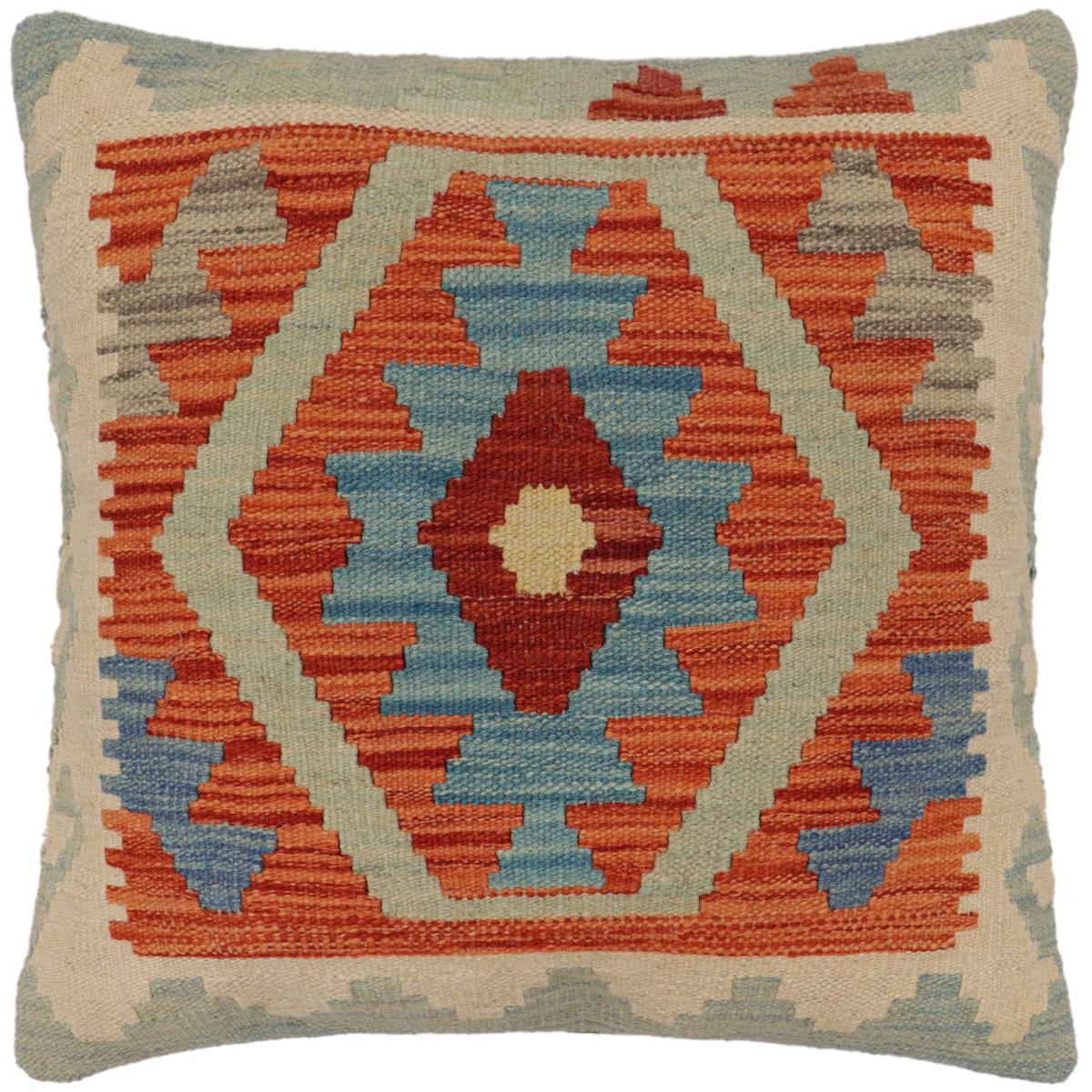 handmade Traditional Pillow Rust Blue Hand-Woven SQUARE 100% WOOL  Hand woven turkish pillow  PILLOW