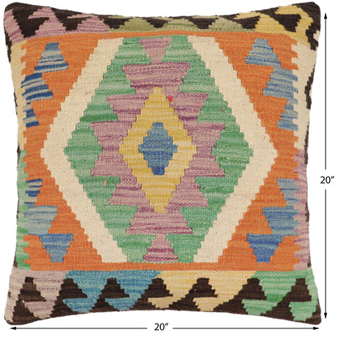 handmade Traditional Pillow Orange Blue Hand-Woven SQUARE 100% WOOL  Hand woven turkish pillow  PILLOW