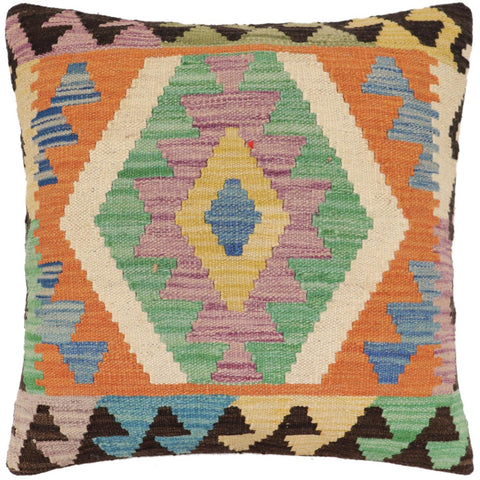handmade Traditional Pillow Orange Blue Hand-Woven SQUARE 100% WOOL  Hand woven turkish pillow  PILLOW
