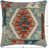 handmade Traditional Pillow Blue Rust Hand-Woven SQUARE 100% WOOL  Hand woven turkish pillow  PILLOW