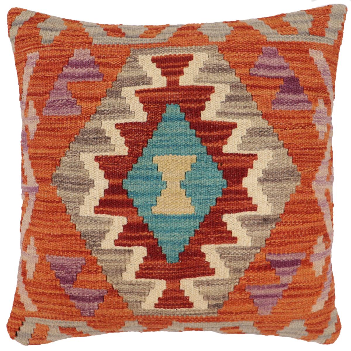 handmade Traditional Pillow Rust Blue Hand-Woven SQUARE 100% WOOL Hand woven turkish pillow2' x 2'